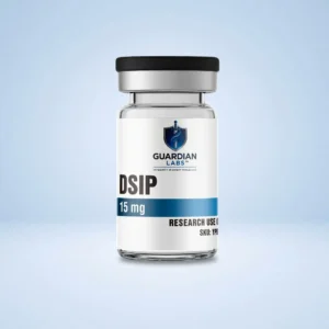 Close-up of a white bottle with a black cap, DSIP label, and Guardian Labs logo against a light blue background.