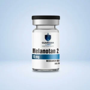 Melanotan 2 10mg | Guardian Labs White medicine bottle with a black cap, label showing Melanotan 2 and 10 mg, against a light blue background.