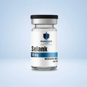 Close-up of a white medicine bottle with a black cap, label reads Selank and Guardian Labs against a blue background.