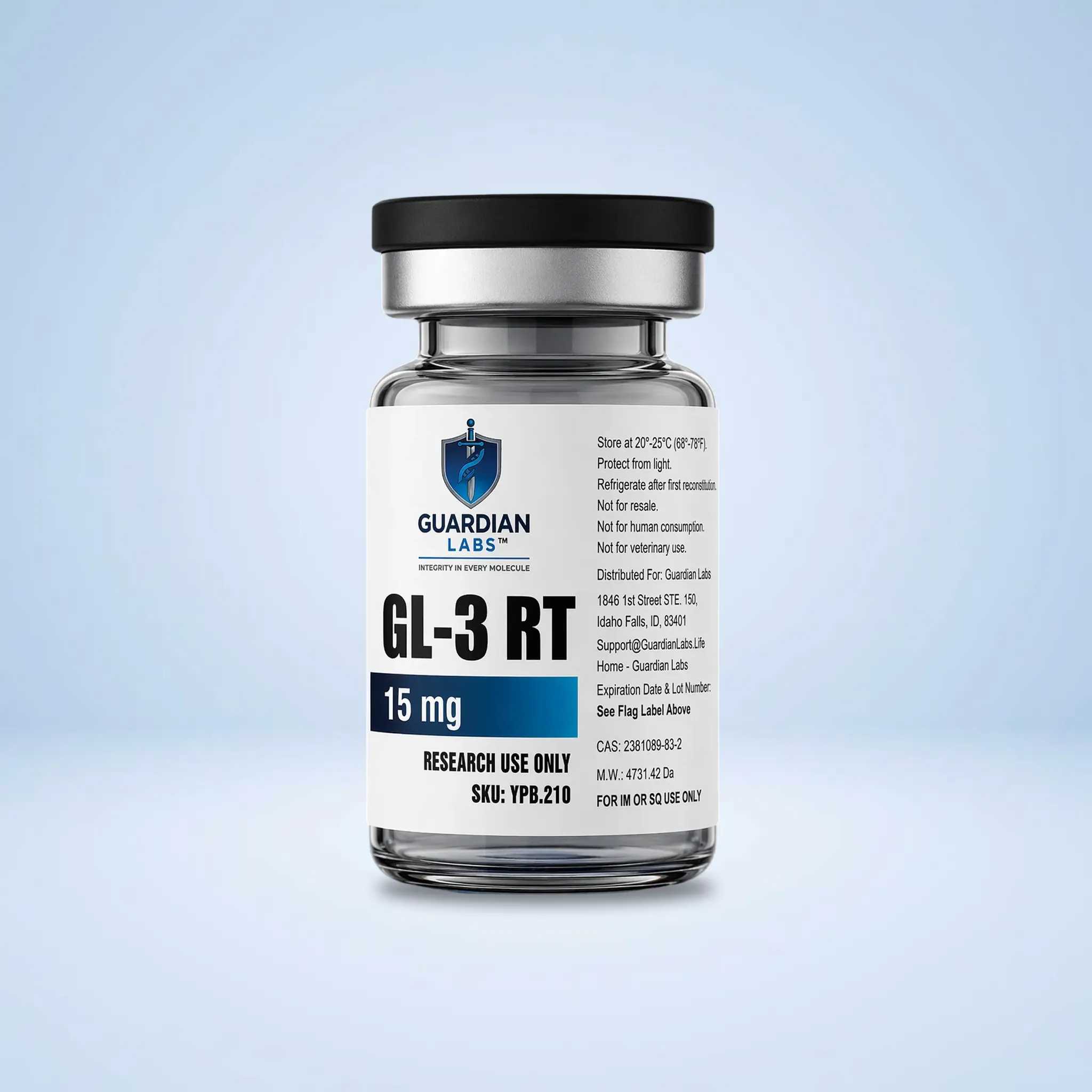 GL-3 RT 15mg | Guardian Labs Glass medicine vial with black cap; label shows Guardian Labs and GL-3 RT, 15 mg dosage.