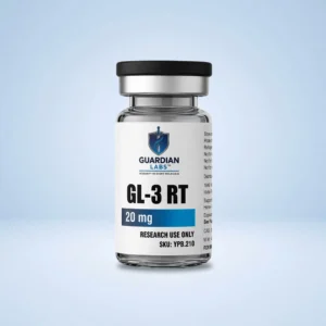 GL-3 RT 20mg | Guardian Labs A glass medicine bottle with a black cap, label showing Guardian Labs logo and the text GL-3 RT, 20 mg, for research use only.