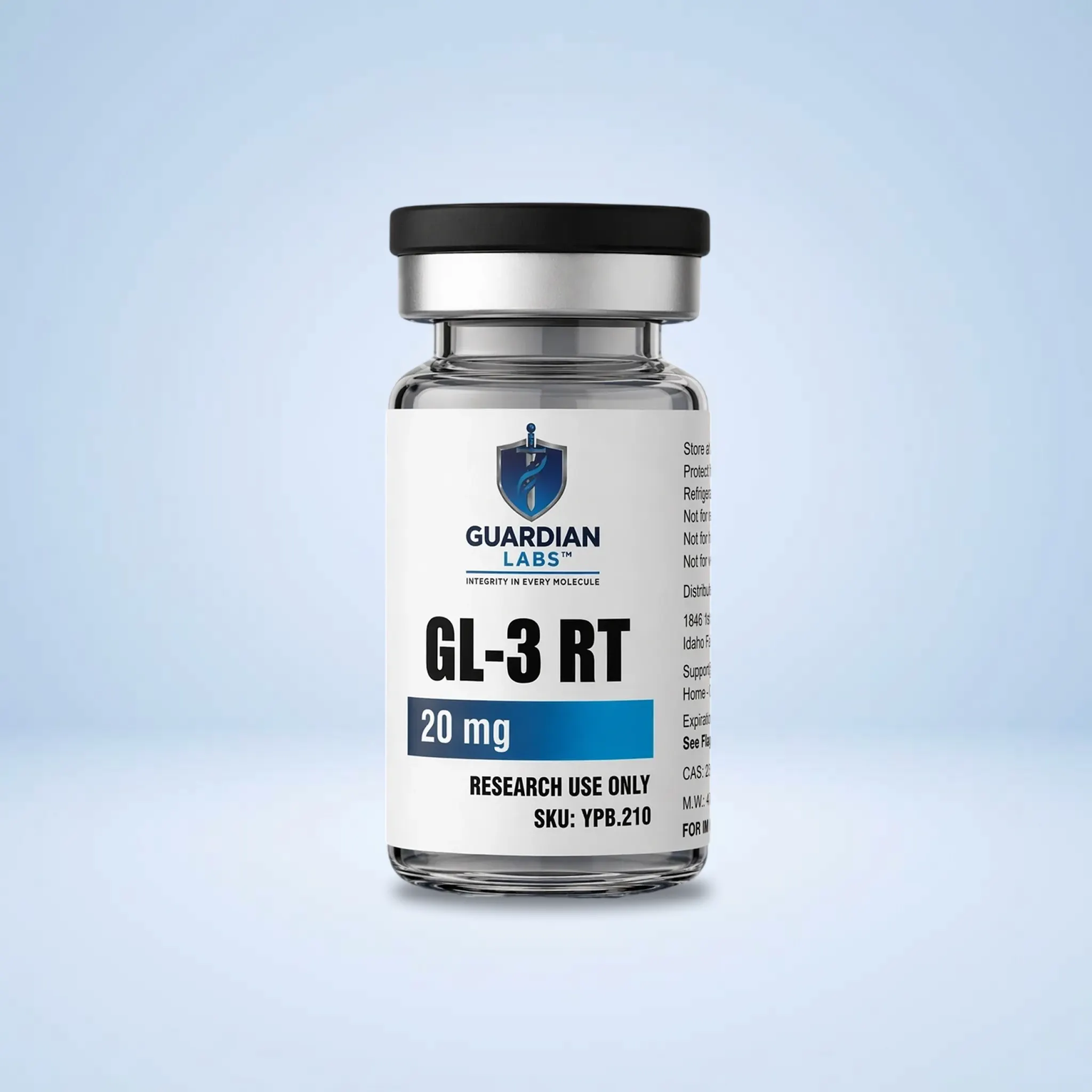 GL-3 RT 20mg | Guardian Labs A glass medicine bottle with a black cap, label showing Guardian Labs logo and the text GL-3 RT, 20 mg, for research use only.