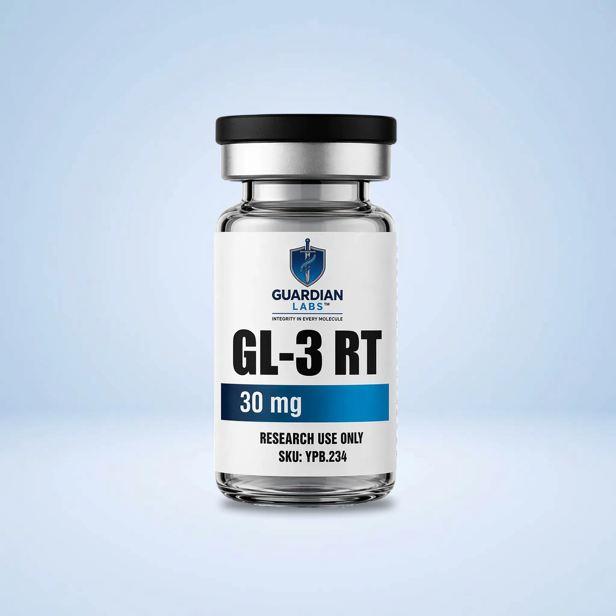 GL-3 RT 30mg | Guardian Labs Close-up of a glass medicine bottle with a black cap, Guardian Labs label showing GL-3 RT and 30 mg for research use only.