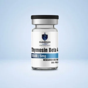 Thymosin Beta 4 TB500 5mg | Guardian Labs Bottle of Thymosin Beta-4 by Guardian Labs with blue shield logo, against a light blue background.