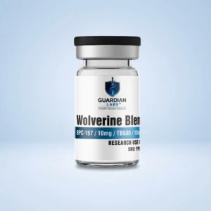 White bottle with black cap showing Guardian Labs logo and label reading Wolverine Blend, for research use only.