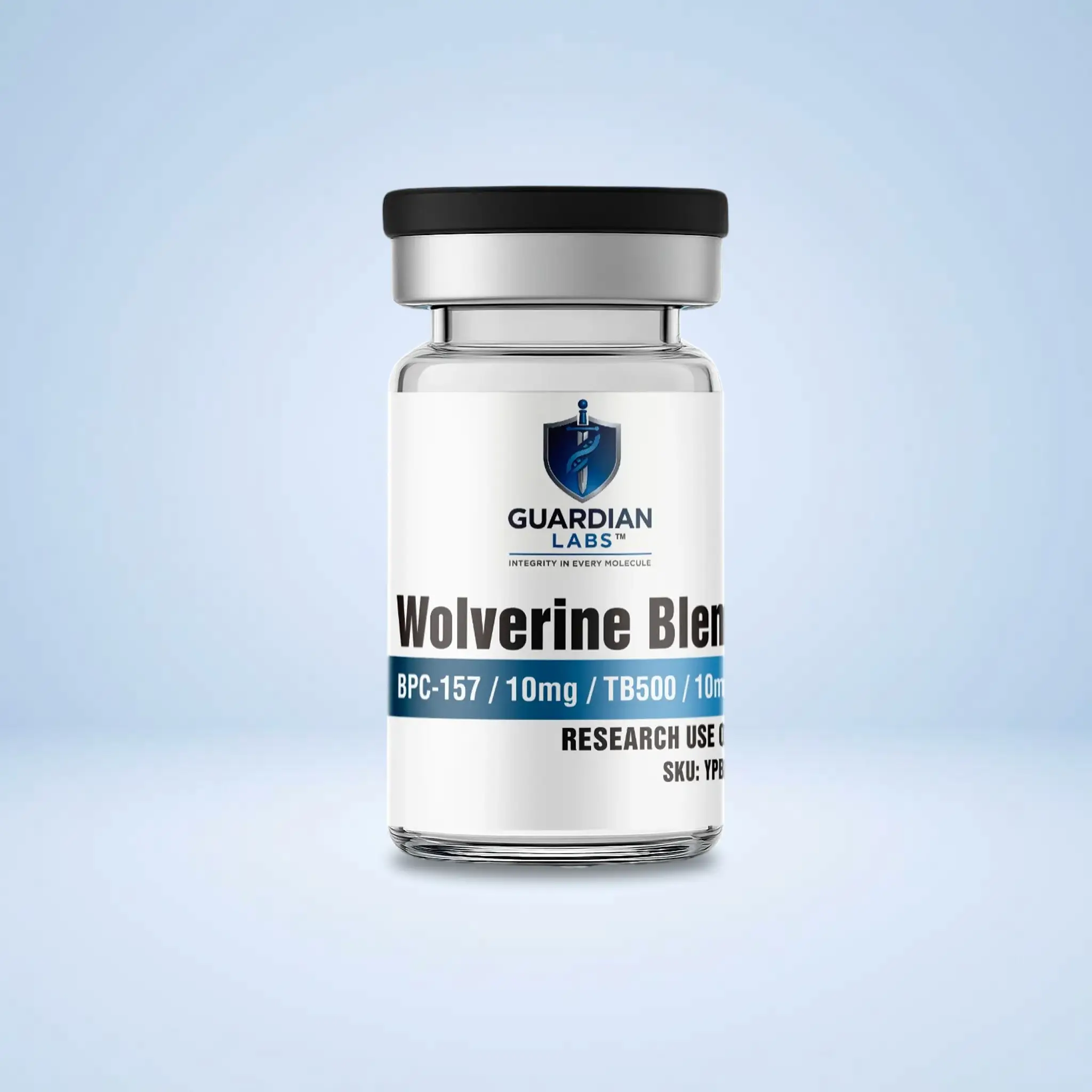 Wolverine Blend BPC-157 10mg _ TB500 10mg | Guardian Labs White bottle with black cap showing Guardian Labs logo and label reading Wolverine Blend, for research use only.