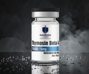 Glass bottle labeled Thymosin Beta 4 by Guardian Labs, with 'RESEARCH USE ONLY' text and smoky background.