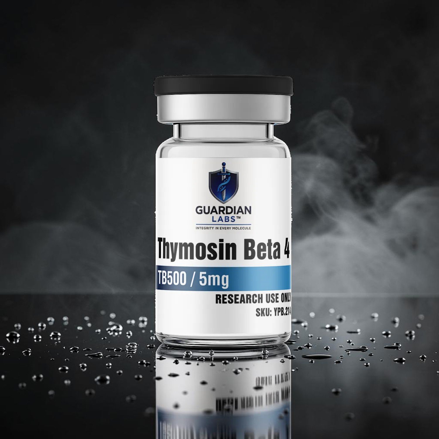 Glass bottle labeled Thymosin Beta 4 by Guardian Labs, with 'RESEARCH USE ONLY' text and smoky background.