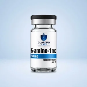 Close-up of a medicine bottle with a black cap, Guardian Labs branding, and a label showing dosage text (e.g., 50 mg) and research-use-only notice on a light blue background.