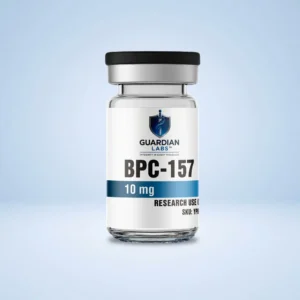 Bottle of Guardian Labs BPC-157, 10 mg, with a white label and blue accent on a light blue background.