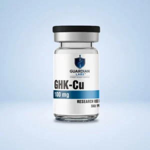 Close-up of a white pharmaceutical bottle with a black cap, Guardian Labs branding visible on the label, and CHK-Cu 100 mg text against a pale blue background.