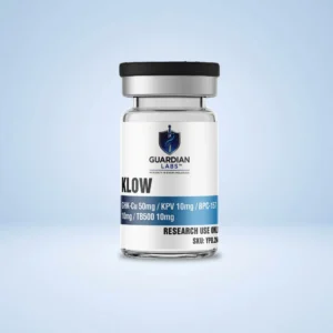 KLOW 80mg | Guardian Labs Close-up of a glass medicine bottle with a black cap against a light blue background, featuring a Guardian Labs shield logo and RESEARCH USE ONLY text on the label.