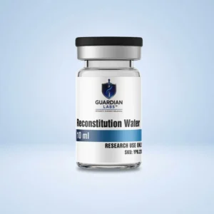 Close-up of a glass bottle with a black cap and Guardian Labs label reading 'Reconstitution Water'.