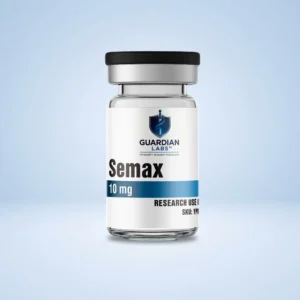 Medicine bottle with black cap and blue logo label reading 'Semax' against a light blue background.