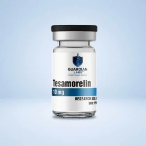 Close-up of a white medicine bottle with a black cap, labeled Tesamorelin from Guardian Labs, against a pale blue background.