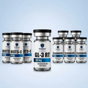 Row of Guardian Labs bottles with black caps and white labels showing MOTS-C and Tesamorelin, set against a pale blue background.