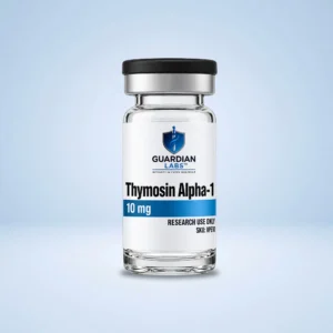 Bottle of Thymosin Alpha-1 medicine with black cap and blue shield logo; label shows 10 mg, Research Use Only.