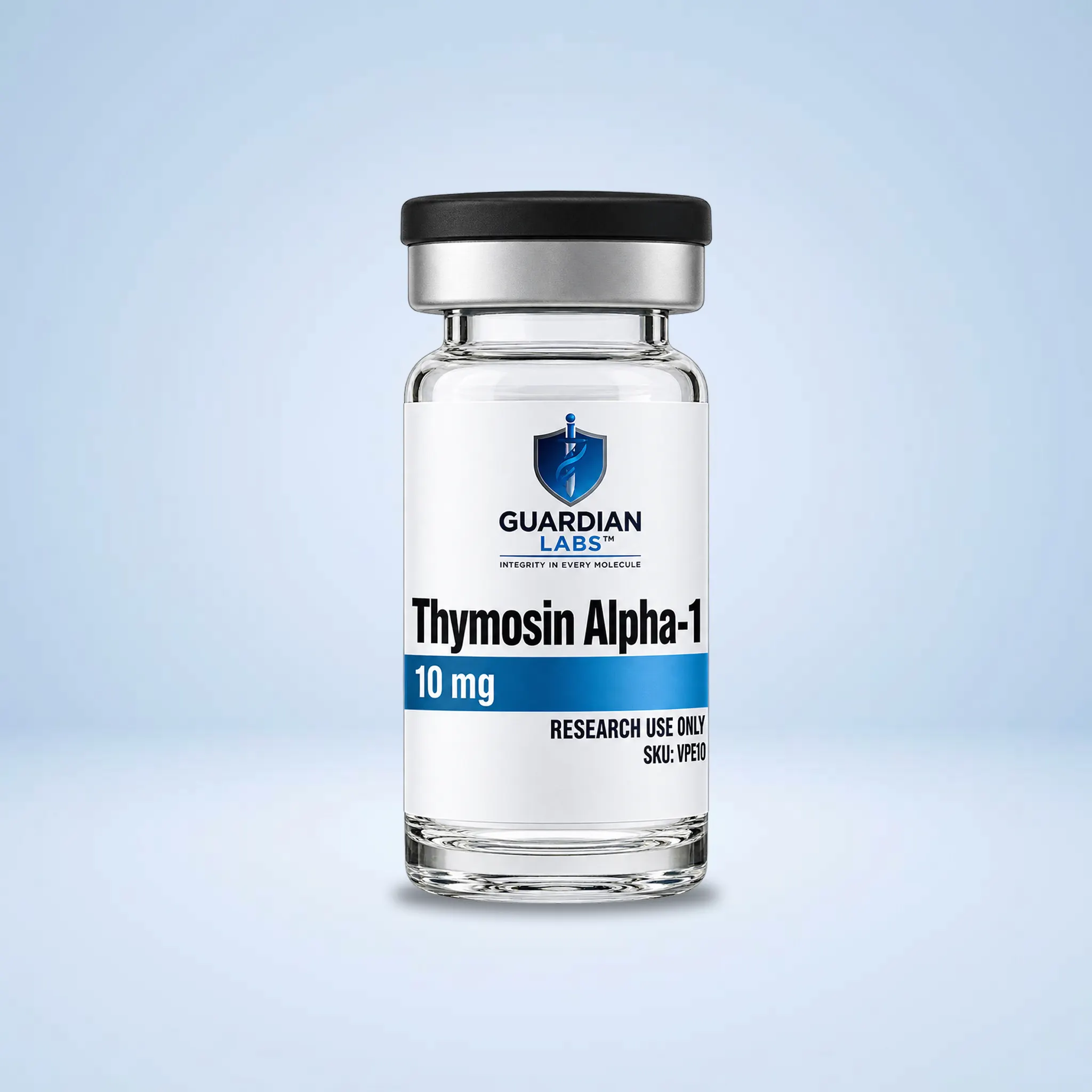 Thymosin Alpha-1 10mg | Guardian Labs Bottle of Thymosin Alpha-1 medicine with black cap and blue shield logo; label shows 10 mg, Research Use Only.
