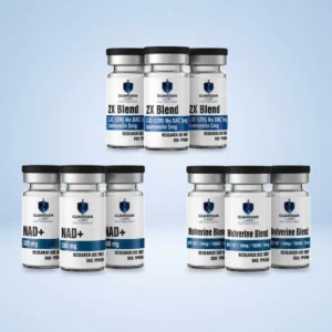 Row of Guardian Labs supplement bottles labeled NAD+ and Wolverine Blend on a light blue background, product shot.