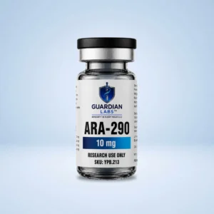 ARA-290 10mg | Guardian Labs Bottle label from Guardian Labs reading ARA-290, 10 mg, for research use only, with a blue shield logo on white label.