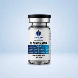 Close-up of a glass bottle with a black cap and white label reading 'GL PUMP MATRIX' and Guardian Labs logo, set against a light blue background.