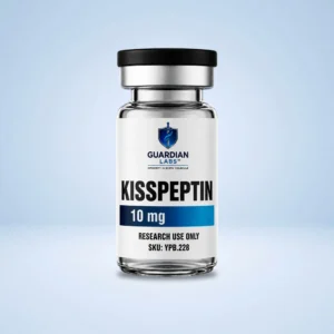 Bottle of Kisspeptin from Guardian Labs, front label showing 10 mg dosage against a light blue background (pharmaceutical product)