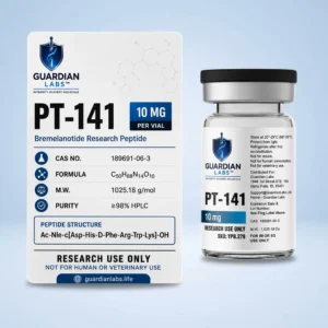 Boxed Guardian Labs PT-141 peptide with 10 mg per vial next to a bottle, showing the Guardian Labs logo and product name.