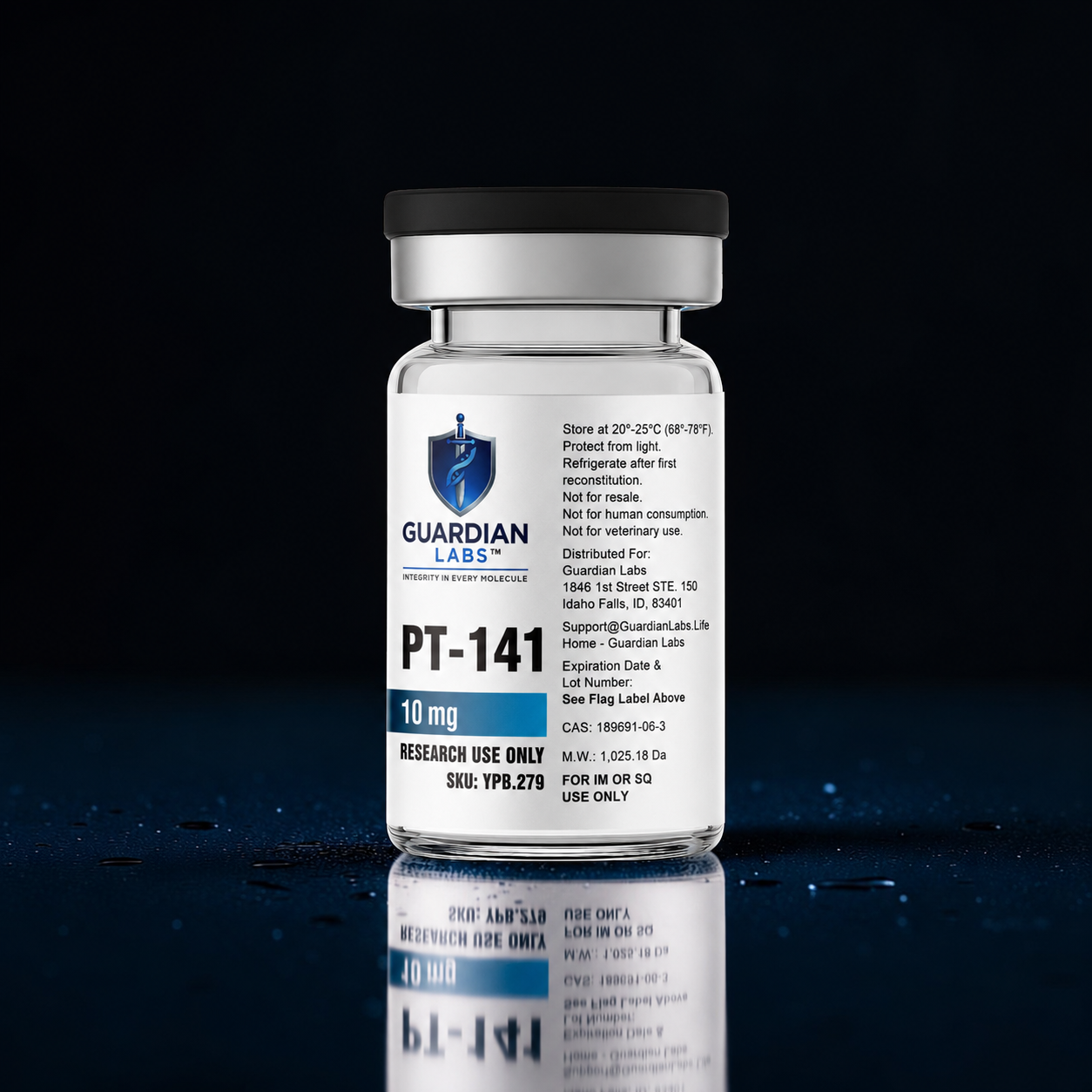 Vial labeled PT-141, 10 mg, Guardian Labs; research-use-only bottle on a dark blue background with a blue shield logo on the label.