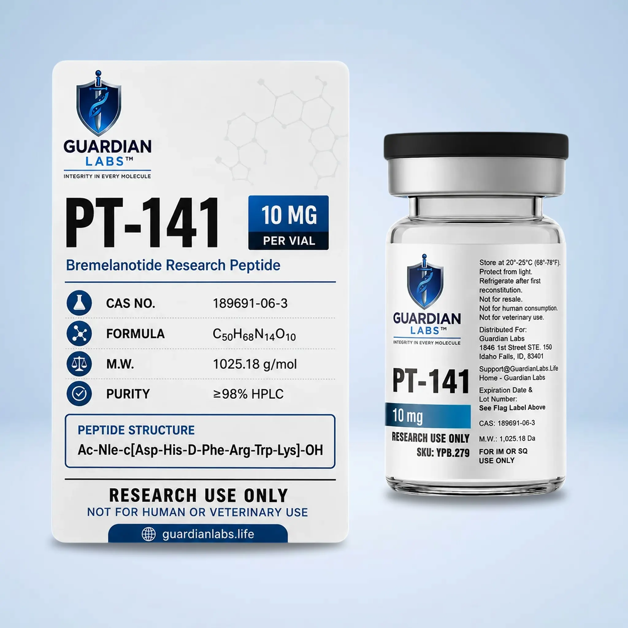 PT-141 10mg | Guardian Labs Boxed Guardian Labs PT-141 peptide with 10 mg per vial next to a bottle, showing the Guardian Labs logo and product name.