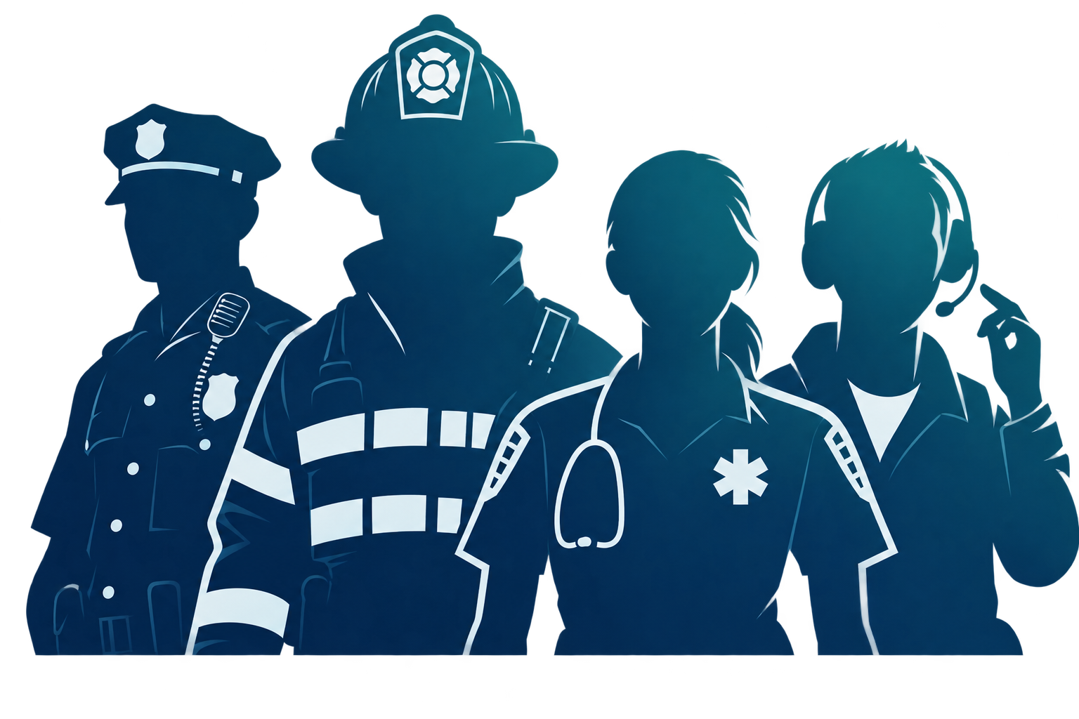 Silhouetted emergency responders (firefighter, medic, and police) in a smoky blue scene.