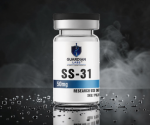ChatGPT Image Aug 25 2026 06_37_49 PM | Guardian Labs Guardian Labs bottle labeled SS-31, 50 mg, for research use only, on a dark smoky background with a reflective surface