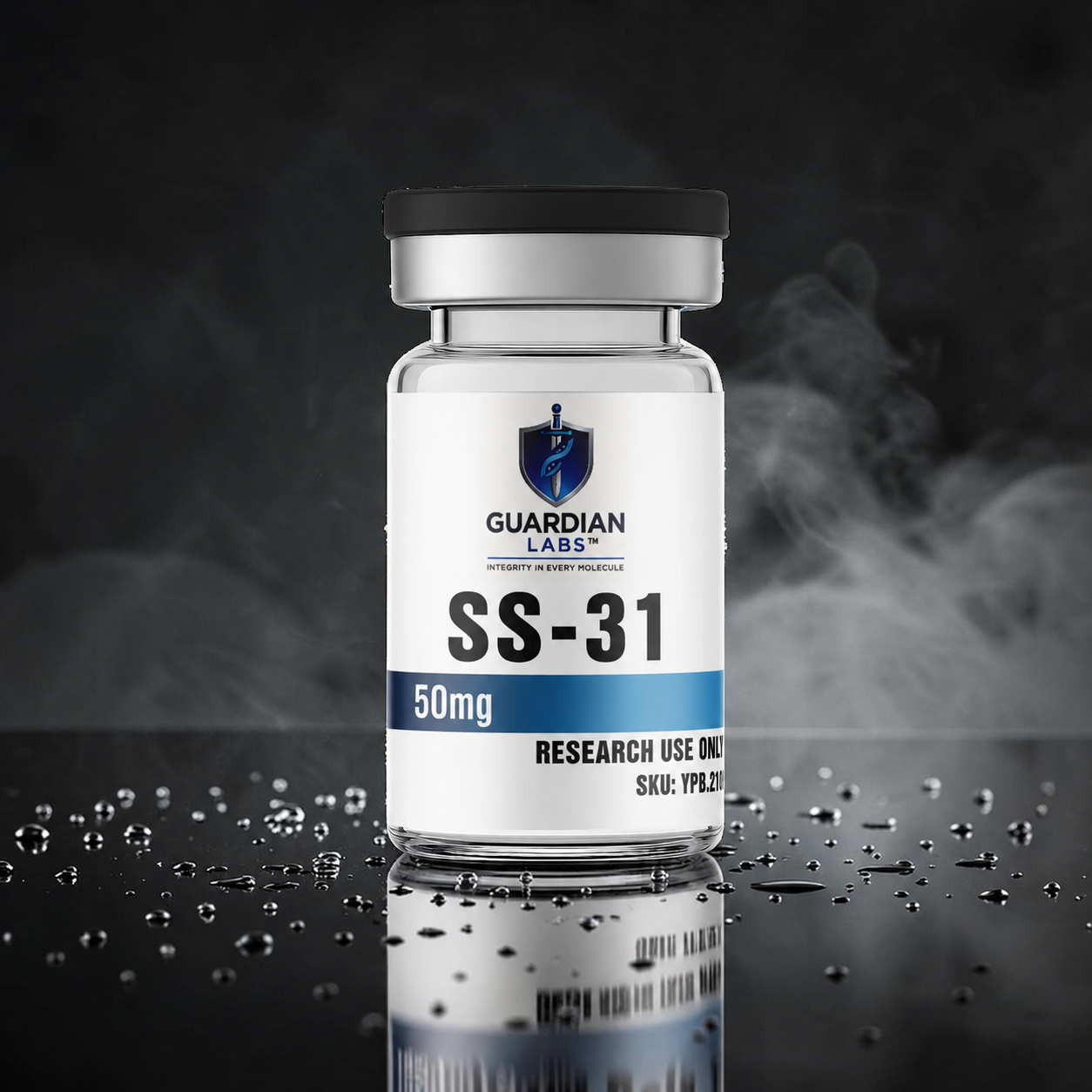 Guardian Labs bottle labeled SS-31, 50 mg, for research use only, on a dark smoky background with a reflective surface