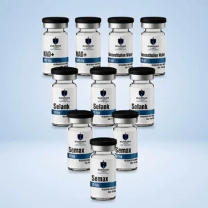 Focus-and-Energy | Guardian Labs Row of Guardian Labs glass vials labeled NAD+ and Selank, 10 mg, for research use only, against a blue background.