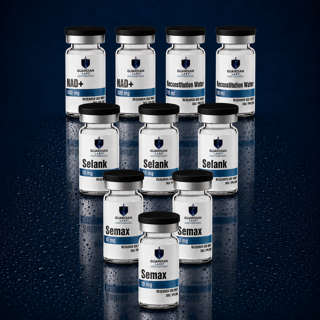 Focus and Energy | Guardian Labs Set of Guardian Labs glass vials with black caps in two staggered rows, labeled NAD+, Reconstitution Water, Selank and Semax on a dark blue speckled background (reflective surface).