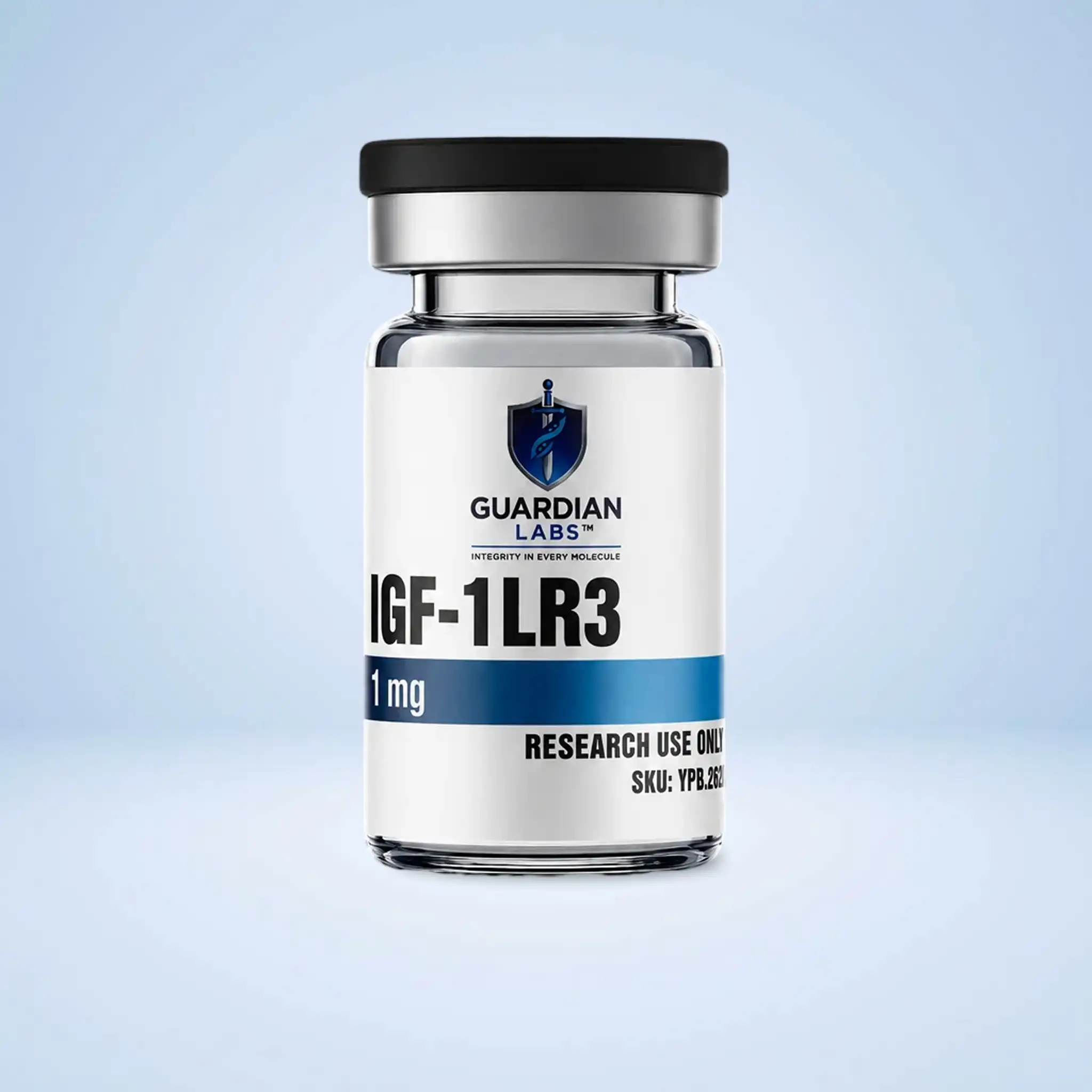 IGF1-LR3 1mg | Guardian Labs Close-up of a white Guardian Labs bottle with a black cap, labeled 'IGF-1 LR3' on a light blue background.