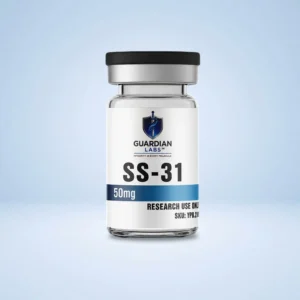 SS-31 50mg | Guardian Labs Close-up of a white pharmaceutical bottle with a black cap, label showing Guardian Labs logo and SS-31, 50 mg, for research use only.