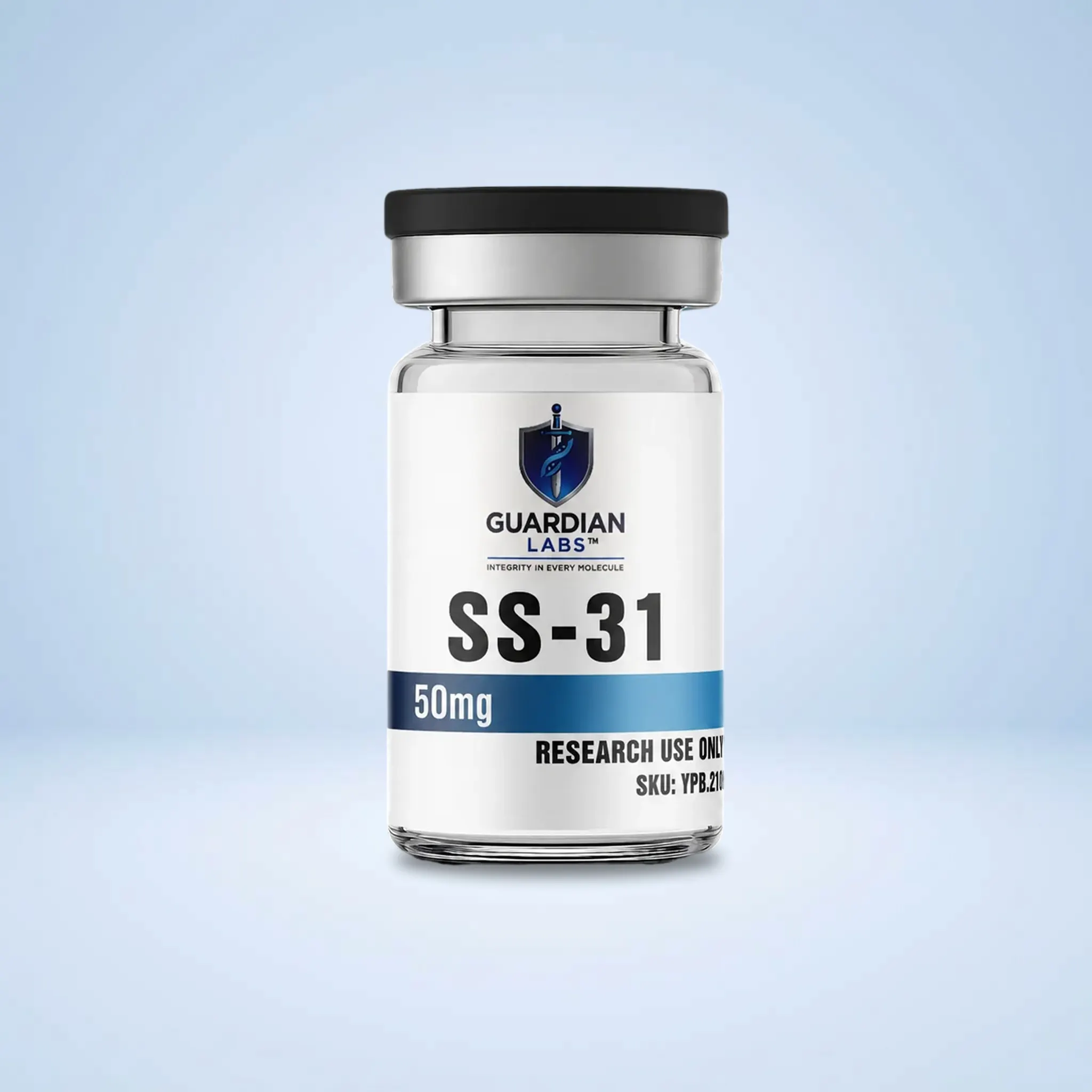 SS-31 50mg | Guardian Labs Close-up of a white pharmaceutical bottle with a black cap, label showing Guardian Labs logo and SS-31, 50 mg, for research use only.