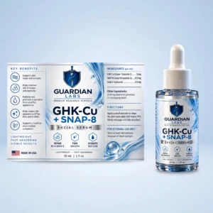 Boxed Guardian Labs facial serum packaging with shield logo and product name; dropper bottle beside it against a light blue background.