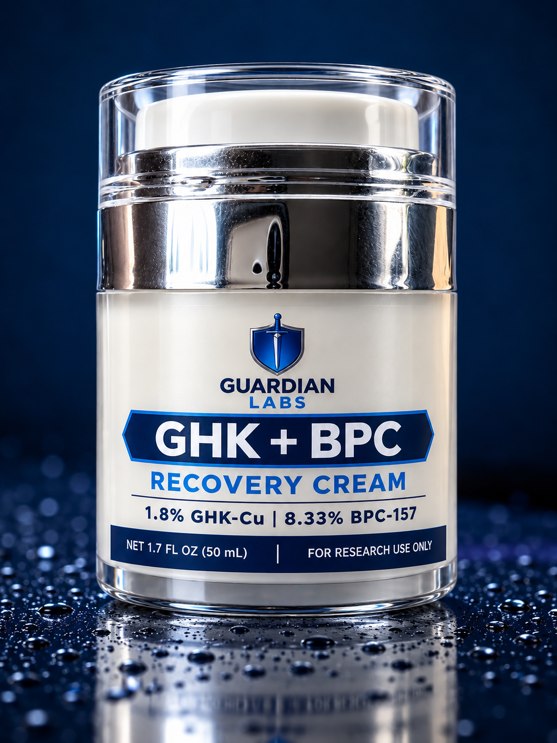 Guardian Labs Recovery Cream in Blue Studio Wetness | Guardian Labs GHK-Cu and BPC-157 copper peptide recovery cream 50mL jar